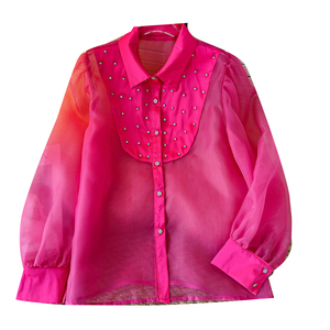 Automne Tissé Respirant À Manches Longues Casual Mesh Blouses avec Diamants pour Femmes Écologique Tops En Gros - Product Image 6