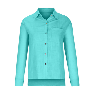 OEM Custom Logo Design 100% Lilen Women's Casual Full <b>Sleeve</b> Solid <b>Blue</b> <b>Shirt</b> Turn Collar Button Regular Fit Bangladesh - Product Image 1