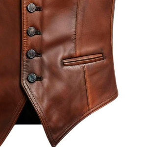 Gilet en cuir pleine fleur véritable brun foncé, style vintage, respirant, col rond, fermeture boutonnée sur le devant - Product Image 5