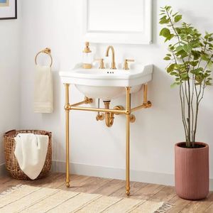 Durable and corrosion resistant brass wash basin stand with spacious base shelf for bathroom organization and storage - Product Image 1