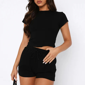 Conjunto de Ropa de Salón para Mujer, Verano, Dos Piezas, Nuevo, Color Sólido, Camiseta Corta de Manga Corta, Pantalones Cortos Casuales, Conjunto de Leggings - Product Image 3