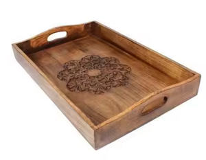 Plateau de service classique décoratif avec poignée en métal utilisé pour la décoration de la maison et de l'hôtel Taille personnalisée Design moderne Plat de service en bois - Product Image 3