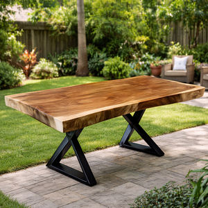 Mesa de Comedor de Madera Maciza de Monkey Pod/Suar, Ecológica, Duradera, con Borde Natural, Patas de Acero en Forma de X, para Hogar, Hotel, Restaurante, Personalizable - Product Image 4