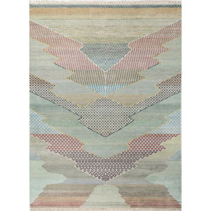 Tapis Manchaha grande surface bleu, noué à la main, en laine et soie de bambou, motif géométrique rectangulaire patchwork pour la maison, la voiture, le couloir - Modèle - Product Image 1