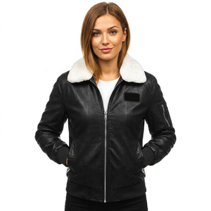 Men's <b>Black</b> Genuine Leather Slim Fit Breathable Bomber <b>Jacket</b> with <b>Faux</b> <b>Fur</b> Collar Front Logo Zipper Closure Autumn Moto Style - Product Image 1