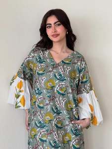 Mujeres Algodón Floral Impreso Kaftan Vestido con mangas acampanadas Verano Casual Maxi Vestido para damas Diseñador Kaftan Vestido - Product Image 6
