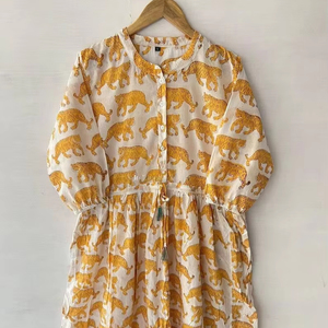 Robe en coton Maxi faite à la main pour femmes ample personnalisable imprimé tigre conception de bloc décontracté été plage Look naturel cadeau parfait - Product Image 1