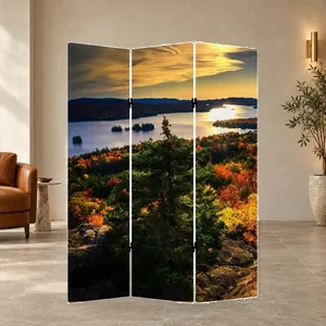 Pantalla Plegable de Lona de Doble Cara con Diseño de Atardecer Otoñal Junto al Lago - Product Image 3
