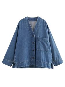 Abrigos informales de algodón con cuello en V para mujer, Chaquetas vaqueras holgadas para invierno con bolsillos para Otoño/Invierno - Product Image 4