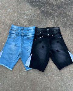 Custom Double-Waisted Men's Sweatpants Cotton Acid Wash with Rhinestones Knitted Shorts - Product Image 2