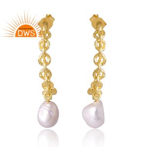 Stylish Design Sterling Silver 18K Gold Plated Natural <b>Pearl</b> Gemstone <b>Drop</b> <b>Earring</b> Custom Jewelry for Women Gift for Her - Product Image 1