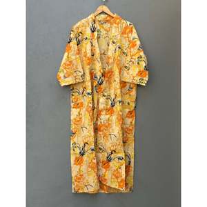 Robe Kimono en Coton Style Vintage Imprimée à la Main, Légère et Respirante avec Col Mandarin, Longueur Ras du Sol pour les Loisirs - Product Image 1
