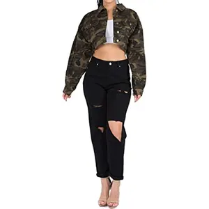 Женская эластичная джинсовая куртка, камуфляжный укороченный топ на пуговицах, повседневная одежда, джинсовые куртки для женщин, Новое поступление 2022