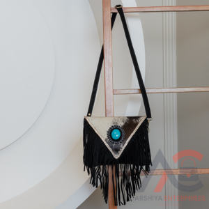 Nuevo estilo occidental Hair On Hide Fur Suede Leather Fringe Bag Bolso de hombro de cuero bohemio de alta calidad para mujer con piedra turquesa - Product Image 4