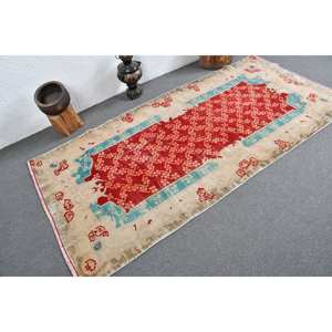 Vintage Turkish <b>Rug</b> Red Blue Patchwork Design 3.8 X 8 ft <b>Boho</b> Style Large Area Wool Area <b>Rug</b> for Hallway Bedroom Latex Backing - Product Image 2