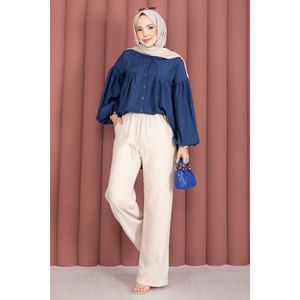 Women's Beige Wide Leg Palazzo Pants with <b>Elasticated</b> High/Low <b>Waist</b> Breathable Casual Straight-Leg <b>Trousers</b> - Product Image 1