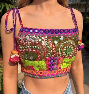 Vintage Bohemian Short Chiffon Halter <b>Top</b> with Sequined Floral Embroidery Women's Tank <b>Top</b> - Product Image 3