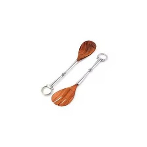 Juego de servicio de ensalada de madera con dos tonos con mango de plata de acero Juego de servidor de ensalada Juego de utensilios de cocina de cena - Product Image 1