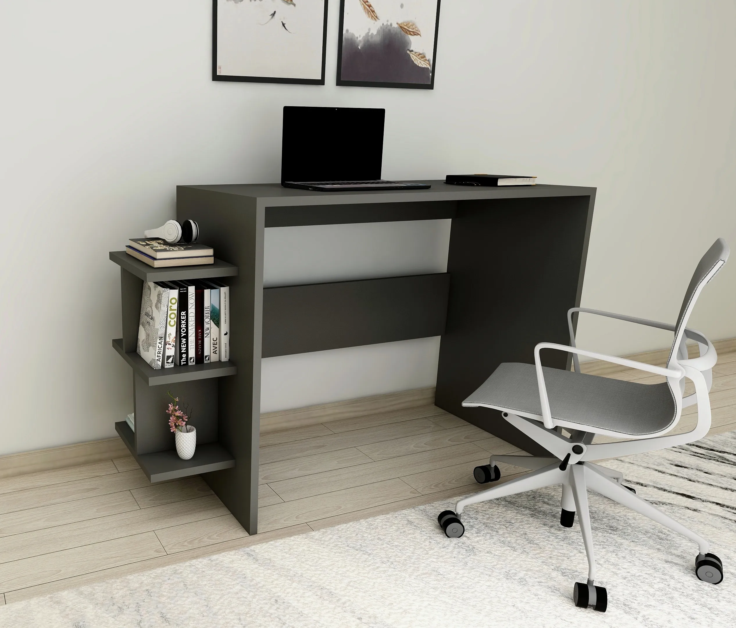 Escritorio de estudio Vispo, escritorio de ordenador triangular de madera, mesa de estudio, escritorio de escritura con estantes para uso en el hogar y la Oficina