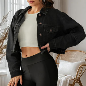 Chaqueta vaquera transpirable con botones de los fabricantes OEM, chaqueta vaquera corta con bolsillo delantero de lavado de alta calidad para mujer - Product Image 2