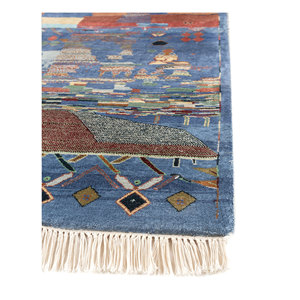 Tapis en soie noués à la main Manchaha Blue, tapis abstraits de Jaipur pour l'entrée de la maison, tapis rectangulaires Tabriz pour couloir, design patchwork - Jaipur - Product Image 4