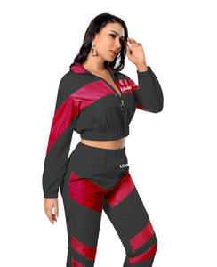 Forte demande noir/rouge rayure Patchwork deux pièces survêtement pour femmes 100% coton à capuche et survêtement Gym formation et Streetwear ensemble - Product Image 2