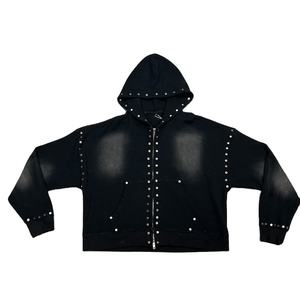 Sudadera con capucha térmica Vintage personalizada para hombre, sudadera con cremallera de peso pesado, lavado con ácido, Sol desteñido, 100% sudaderas con capucha de algodón con tachuelas de Metal, ropa de calle - Product Image 1