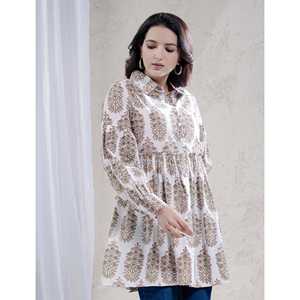 Haut en coton vert pour femme, imprimé Butta Block, 100 % tissé, respirant, avec boutons décoratifs, col à nœud, coupe ajustée, disponible en tailles 3XL et 4XL - Product Image 5