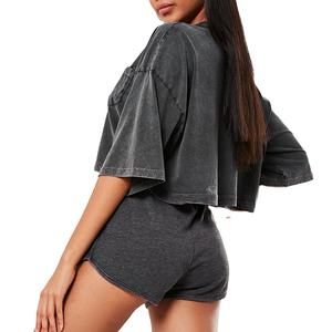 Conjunto de 2 piezas para mujer, Top corto personalizado informal Vintage lavado ácido, conjunto corto de dos piezas corto de algodón para mujer, entrenamiento 2026 - Product Image 6