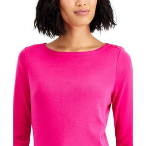 Haut décontracté pour femme Charter Club, col bateau, boutons aux épaules, rose, en coton Pima et tricot satiné, logo brodé, tailles S et XL - Product Image 3