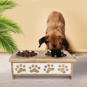 2024 New Arrival Hot Selling White Washed Pet Bowls & Feeders Stainless Steel & Wooden <b>Stand</b> for Pet Food & Water - Product Image 6