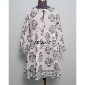 ชุดเดรสทรงเอ แขนพอง ผ้าฝ้ายพิมพ์ลายด้วยมือ ดีไซน์สวยงาม สำหรับผู้หญิง ลายพิมพ์ไม่ซ้ำใคร ใส่สบาย - Product Image 1