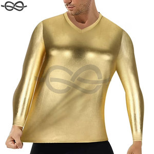 Camisetas doradas metálicas brillantes de lujo para hombre, camisetas de manga larga con cuello en V, camisetas elegantes para discoteca, fiestas - Product Image 5