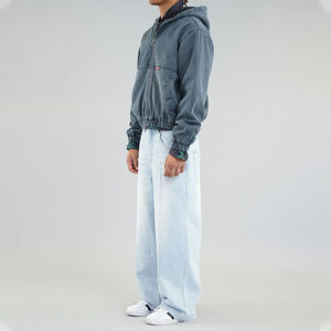 Sweat à capuche épais en coton 100% 500GSM, style streetwear, avec fermeture éclair, coupe courte, lavage au sable, couleur marine, OEM - Product Image 4