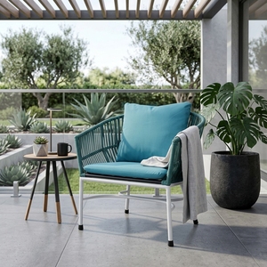 Fauteuil de jardin extérieur Teal avec structure en métal blanc, fauteuil en corde tressée avec coussins, pour l'aménagement de terrasse, design artistique et pur pour la décoration - Product Image 3