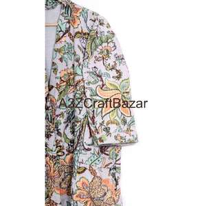 Robe Kantha pour femme, courte, à imprimé floral, col en V, avec cordon de serrage, 100 % coton pur, manches trois-quarts, respirante et douce - Product Image 3