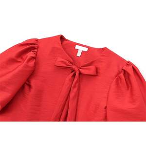 High Street femmes été haut court 100% coton respirant à manches courtes chemise rouge à lacets col rond solide motif Logo décoration - Product Image 2