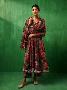 ADAA TROPICAL PRINT BLACK MUSLIN ANARKALI SET Mujeres Floral Flared Kurta Set Algodón Floral Print Anarkali Suit Set - Product Image 5