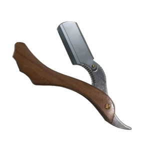 Rasoir à bord droit en acier inoxydable rasoir pliant rasoir de coiffeur manche en bois poils faciaux barbe rasoir pour enlever la moustache - Product Image 4