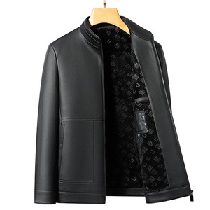 Winter High Street Leather <b>Jacket</b> Men <b>Mandarin</b> <b>Collar</b> Slim Casual Windproof Waterproof Thick Coat - Product Image 3
