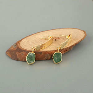 Hypoallergenic jewelry natural <b>green</b> strawberry quartz dangler <b>earring</b> brass 18k gold plated designer texture statement <b>earring</b> - Product Image 6