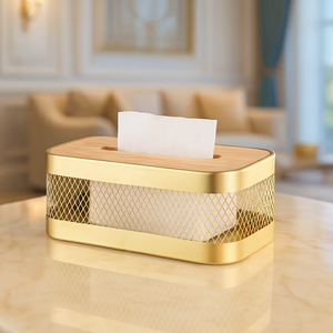 Elegante caja de pañuelos rectangular negra con tapa dorada y detalles laterales acanalados, disponible a precios de mayoreo. - Product Image 6