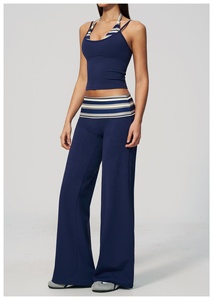 Halter Neck Crop Top High Waist Wide Leg Pants 2 Piece Set Striped Contrast Binding Yoga Wear - Product Image 3