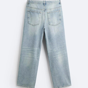 Jeans en denim taille mi-haute streetwear pour hommes, pantalon long droit, lavé, respirant, écologique, 100% coton - Product Image 1