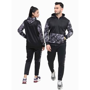 Unisex <b>Camouflage</b> Tracksuit Hooded Zipper Full Sleeve Sporty Sweatshirt With Side Pockets Black Polyester Autumn Wear - Product Image 1