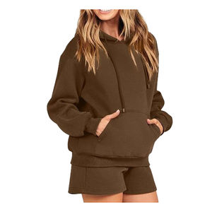 Sudaderas con logotipo personalizado para mujer, chaqueta de lana de algodón, ropa de calle, manga larga con cremallera, Top recortado, sudaderas con capucha, conjunto de 2 piezas para mujer - Product Image 1