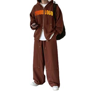 Ensemble de 2 pièces personnalisé grande taille en polaire unie avec capuche zippée et pantalon de survêtement ample pour hommes pour l'hiver - Product Image 1