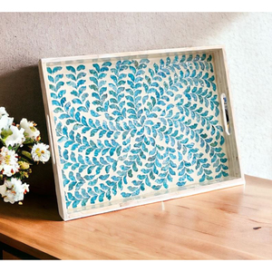 Top vente maison vaisselle nourriture collations Dessert plateau de service en nacre avec motif floral bleu plateau de Table basse - Product Image 1