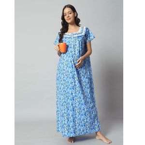 ชุดนอนคลุมท้องผ้าฝ้ายแท้ 100% แขนสั้น ความยาวเต็มตัว ผ้าระบายอากาศ ลายดอกไม้ที่คอ ดีไซน์หรูหราสำหรับฤดูร้อน - Product Image 1