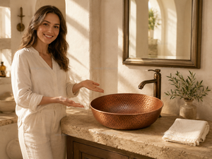 DIVRIS Lavabo de Cobre Martillado - Lavabo Artesanal Vintage para Instalación en Encimera con Grifo para Decoración Rústica de Lujo para Granjas, 16 pulgadas - Product Image 2